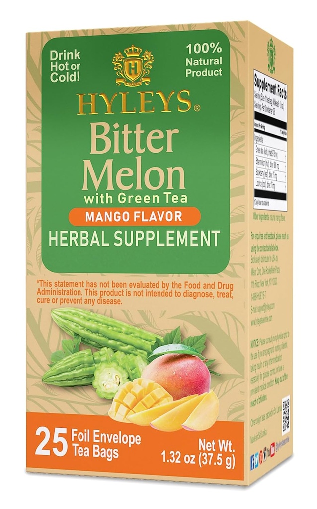 Hyleys Πικρό πεπόνι με πράσινο τσάι - Mango Γεύση - 25 Τσάι Τσάι Τσάι Τσάι - Υποστηρίζει υγιή λειτουργία του ήπατος - συμπλήρωμα βότανα - (6 πακέτο - 150 Τσάντα Σύνολο)