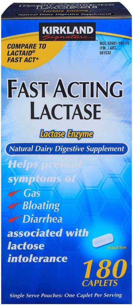 Kirkland Signature Fast Active Lactase Natural Digestive Supplement, 180 Count Caplets