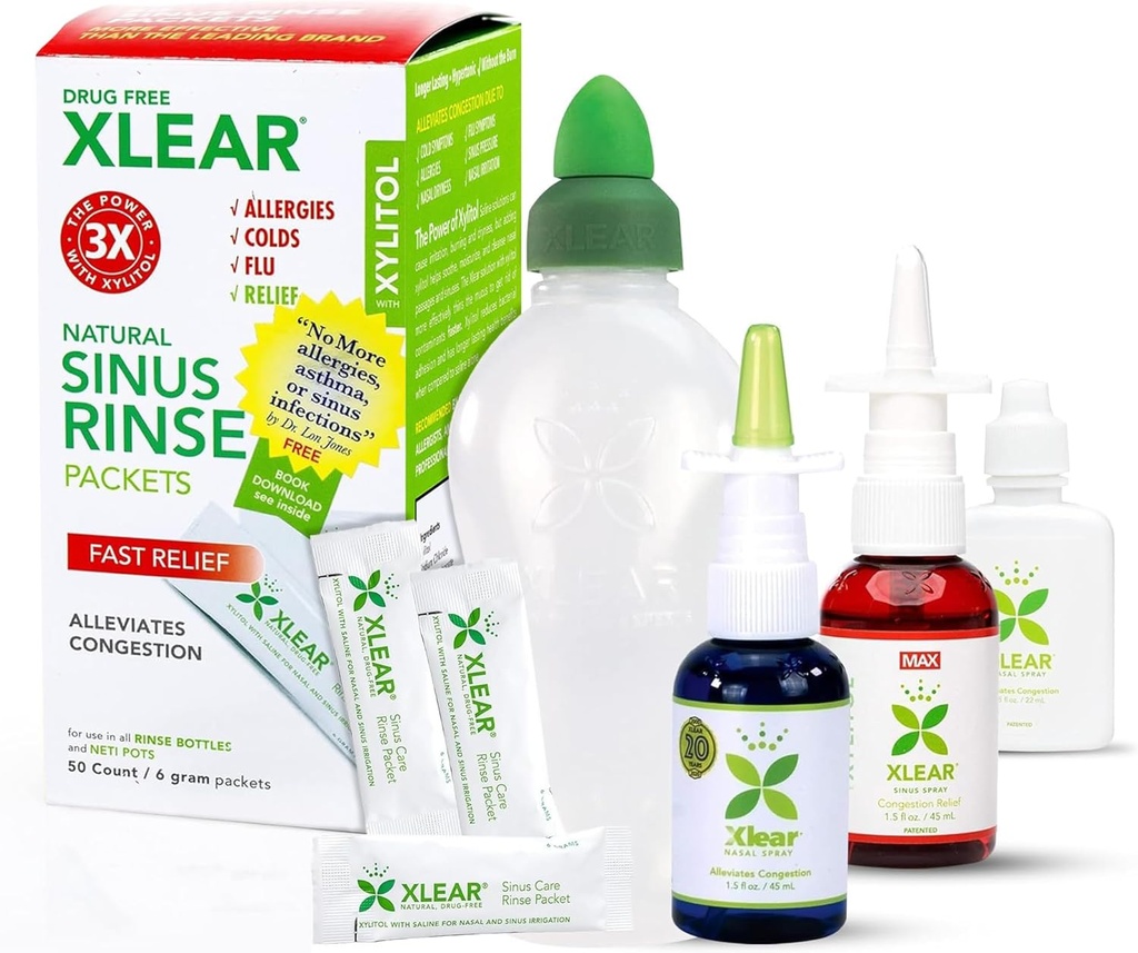 Xlear Allergy Relief Kit, All Day All Allergy Rescue Kit Συμπεριλαμβανομένου Xlear Nasal Spray με Xylitol, Xlear MAX Nasal Spray, Xlear Nasal Rinse Neti Pot και 50 Refill Packets