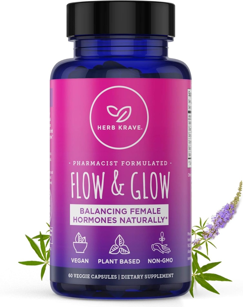 Flow and Glow Natural Hormone Balance for Women - PMS & Εμμηνόπαυση Relief for Cramps, Mood Swings & Night Sweats with Donq Quai & Black Cohosh for Menopause - 60 Vegan Caps (1 Pack)