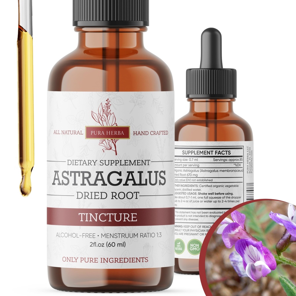 Pura Herba Organic Astragalus Tincture - Premium Astragalus Root Extract for Immune Support - Alcohol-Free, Sugar-Free, Vegan - High Potency Liquid Supplement - Made in USA - 2 Fl.Oz.