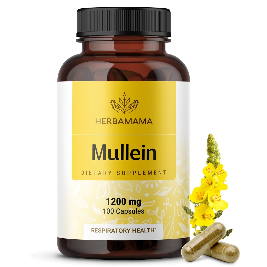 HERBAMAMA Mullein Leaf Κάψουλες - 1200mg Mullein Leaf Extract για υποστήριξη Lung Detox - Vegan, συμπλήρωμα καθαρισμού αναπνευστικού πνεύμονα μη GMO