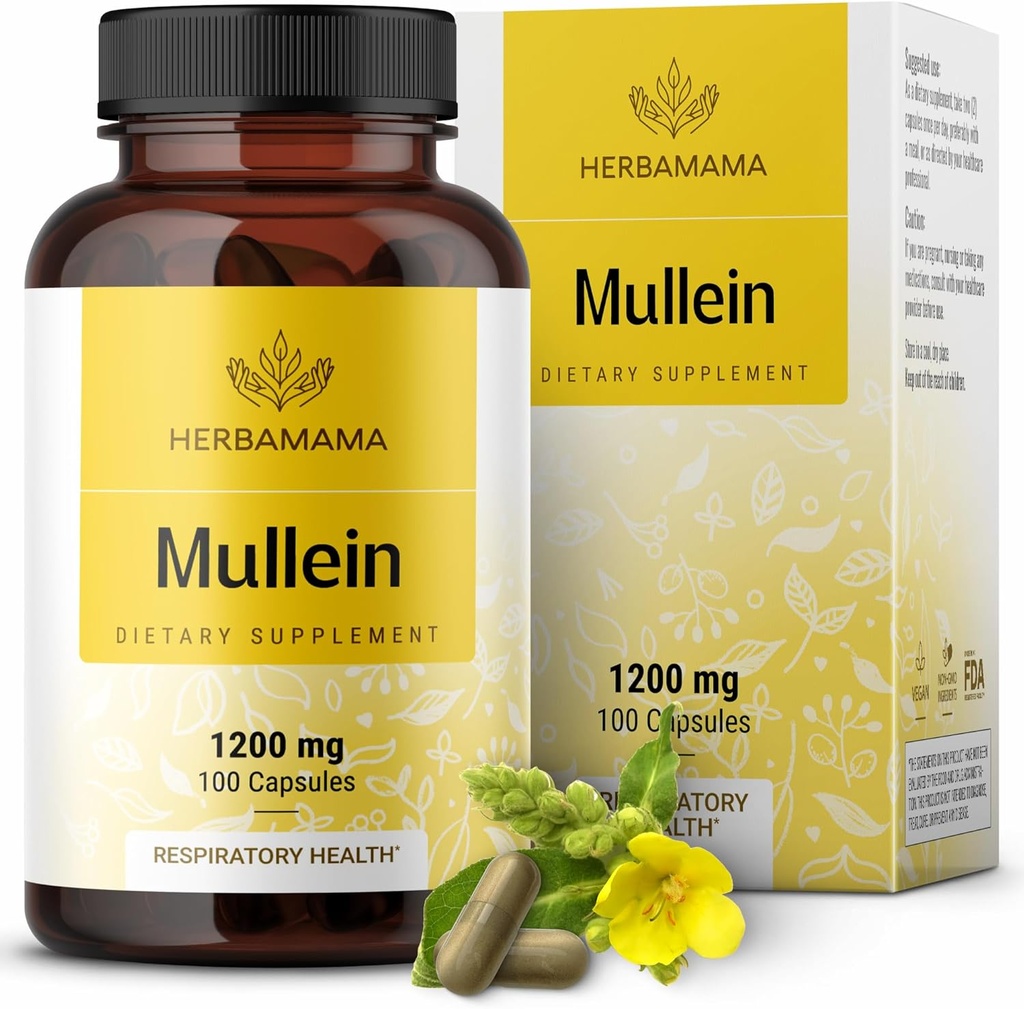HERBAMAMA Mullein Leaf Κάψουλες - 1200mg Mullein Leaf Extract για υποστήριξη Lung Detox - Vegan, συμπλήρωμα καθαρισμού αναπνευστικού πνεύμονα μη GMO