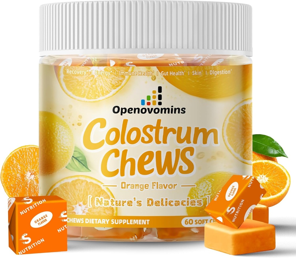 Συμπληρώματα μαλακών μασιών Bovine Colostrum με προβιοτικά για την υγεία των ούρων, το αίμα, την ανοσοποιητική υποστήριξη, το δέρμα, την ανάπτυξη των μαλλιών και την ομορφιά - Orange Flavor (60 εξυπηρετούν)