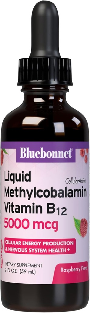 Bluebonnet Υγρή μεθυλοκοβαλαμίνη Βιταμίνη B12 5000 mcg Ενεργό συνένζυμο Μορφή Βιταμίνης B 12 Υγρές σταγόνες Συμπλήρωμα ενέργειας για γυναίκες & άνδρες - Vegan, χωρίς γλουτένη - Βατόμουρο Γεύση - 2 Fl Oz