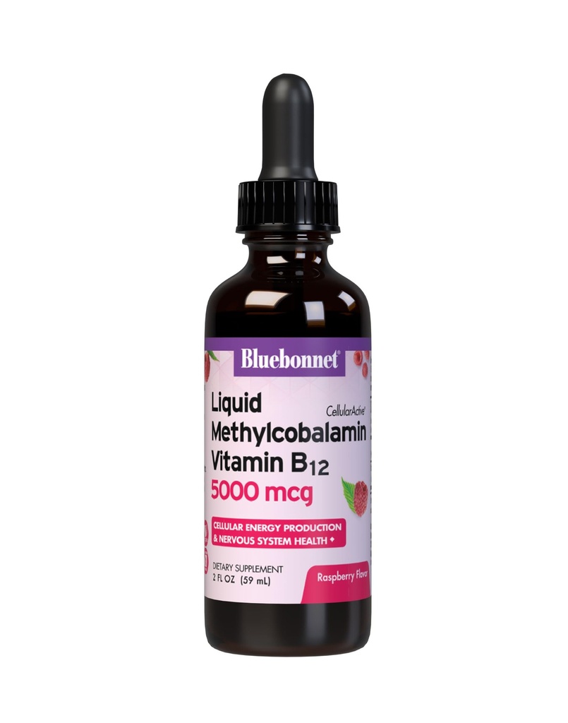Bluebonnet Υγρή μεθυλοκοβαλαμίνη Βιταμίνη B12 5000 mcg Ενεργό συνένζυμο Μορφή Βιταμίνης B 12 Υγρές σταγόνες Συμπλήρωμα ενέργειας για γυναίκες & άνδρες - Vegan, χωρίς γλουτένη - Βατόμουρο Γεύση - 2 Fl Oz