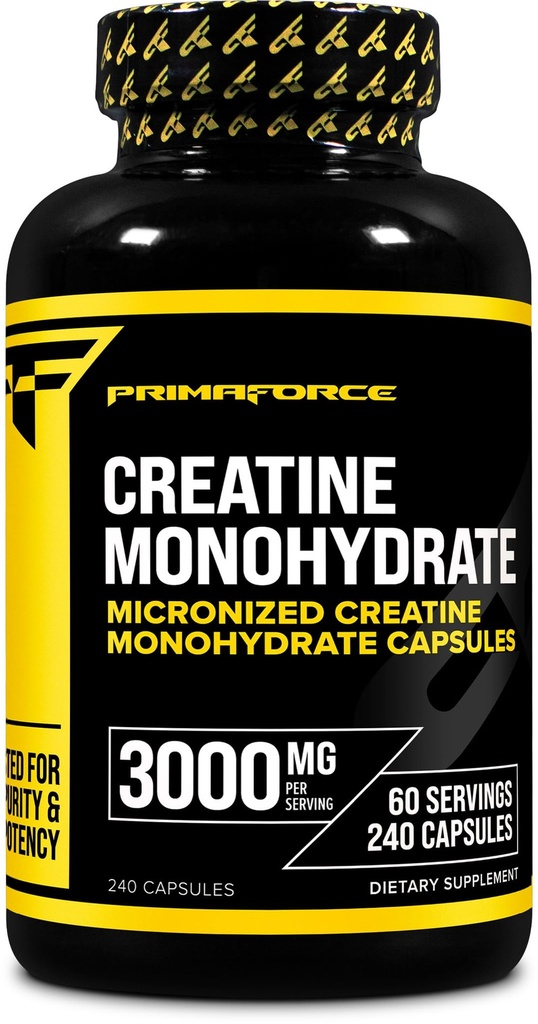 Primaforce Creatine Monohydrate Κάψουλες - 240 Κάψουλες, 3.000mg ανά Σερβίρισμα, Χωρίς Γλουτένη και Μη ΓΤΟ