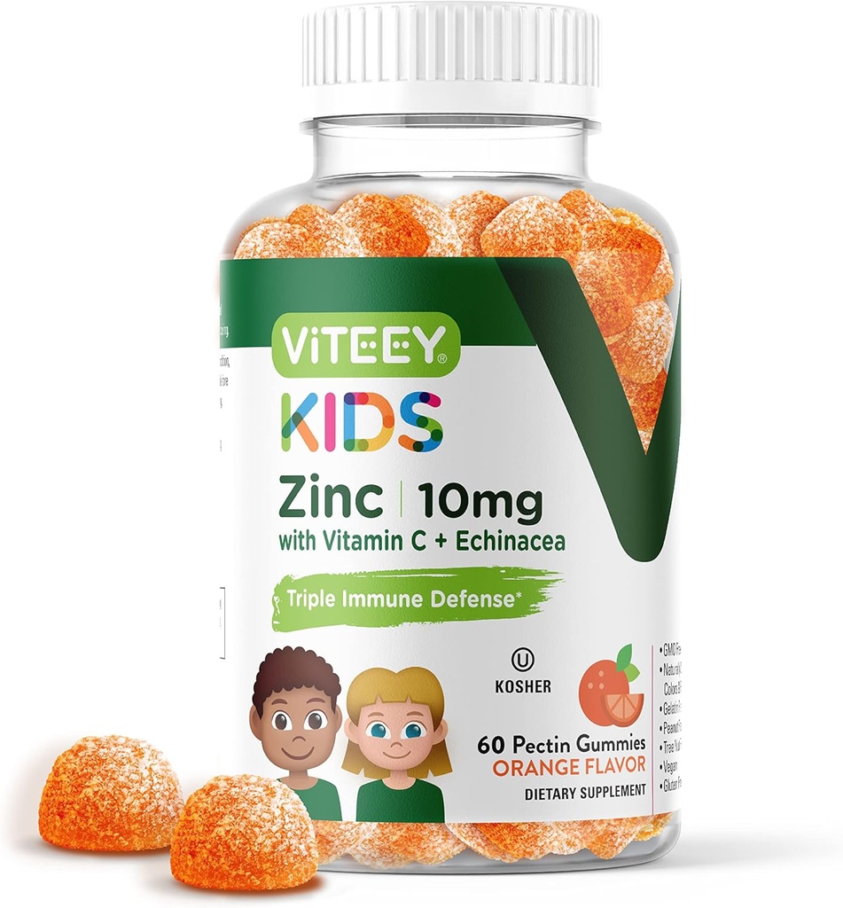 Viteey Zinc for Kids Gummies 10mg, με βιταμίνη C & Echinacea - Ανοσολογική Υποστήριξη, Ισχυρό Φυσικό Αντιοξειδωτικό, Παιδικό Συμπλήρωμα Βιταμίνης Ψευδάργυρου - Vegan, Ζελατίνη Δωρεάν - Νόστιμο Μασώμενα Gummy Πορτοκαλί Γεύση