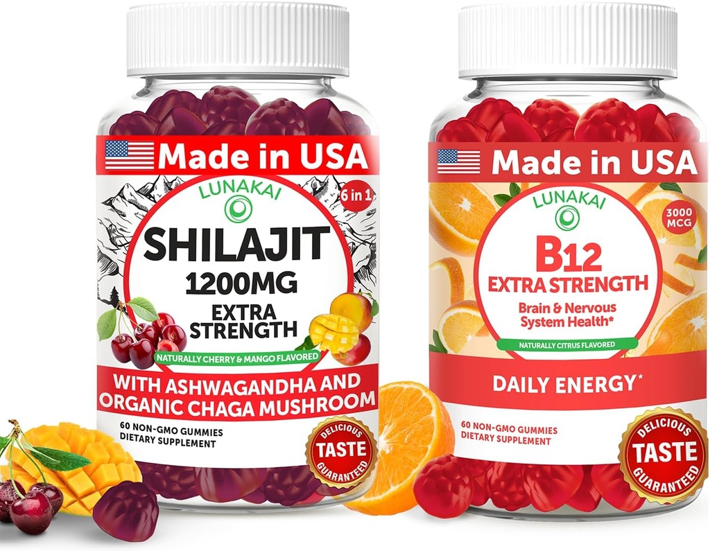 Lunakai USA Made Shilajit & B12 Extra Strength Gummies Bundle – Ενέργεια, εστίαση, και καθημερινή ευεξία – Vegan & Delicious