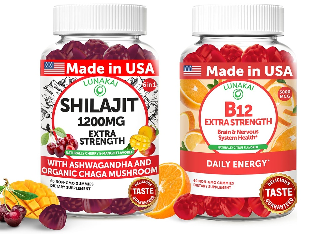 Lunakai USA Made Shilajit & B12 Extra Strength Gummies Bundle – Ενέργεια, εστίαση, και καθημερινή ευεξία – Vegan & Delicious