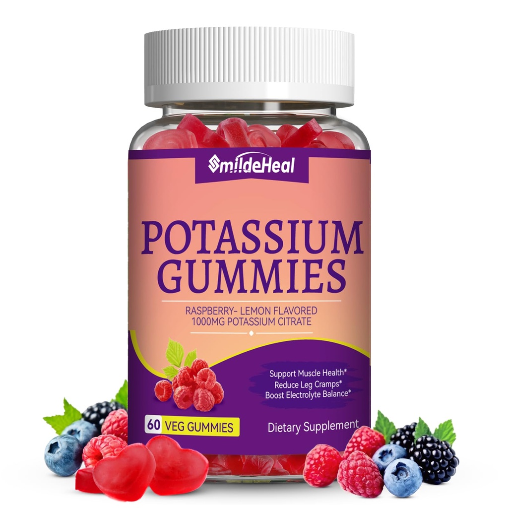 Κάλιο Gummies, Chewable Κάλιο συμπλήρωμα 1000mg για ενήλικες, Πόδι στήριξης Cramps & Μυική Υγεία για γυναίκες & άνδρες - Χωρίς ζάχαρη,Βέγκαν,60 Count