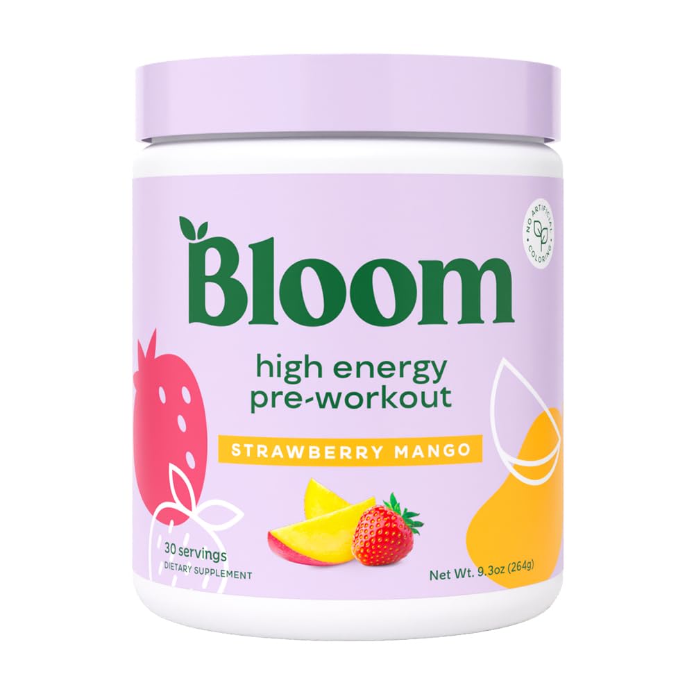 Bloom Διατροφή υψηλής ενέργειας Προ προπόνηση με Beta Alanine, Ginseng και L Τυροζίνη για την ενέργεια Amino, Φυσική σκόνη καφεΐνη από εκχύλισμα πράσινου τσαγιού, Keto, Χωρίς ζάχαρη μείγμα ποτών, Φράουλα Μάνγκο