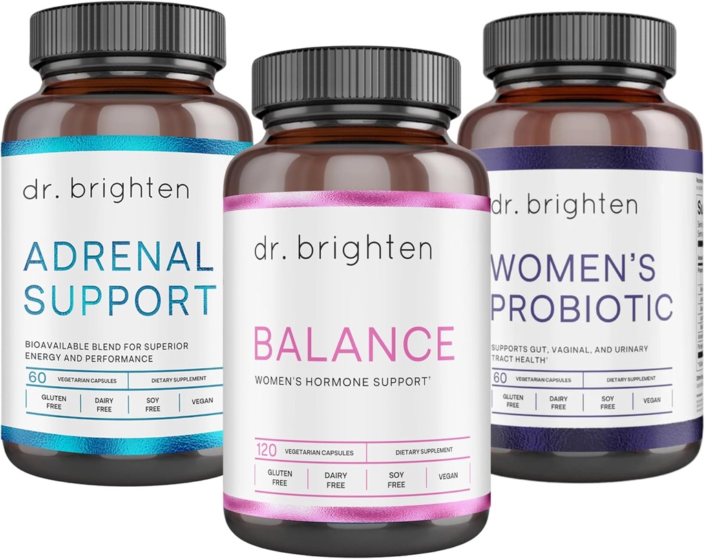 Dr. Brighten Period Support Kit - Balance, Adrenal Support, and Women's Probiotic - Targets Hormonal Acne, Period Issues, & PMS - Vegan, Non-GMO