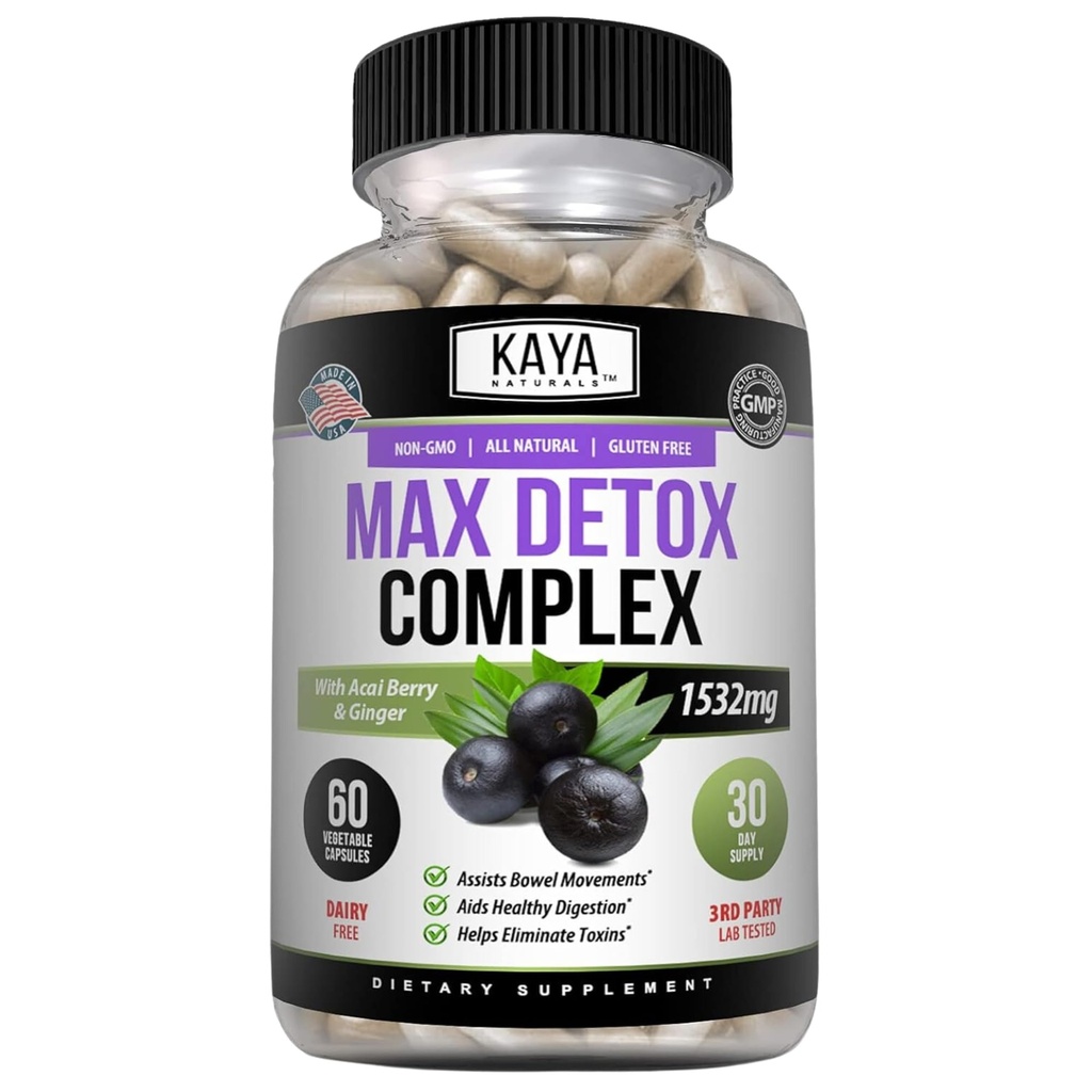 Kaya Naturals Max Detox βοτανικό συμπλήρωμα - φυσικά συστατικά 1532 mg - σκόνη Psyllium, εκχύλισμα Acai Berry, ρίζα Ginger 60 Count