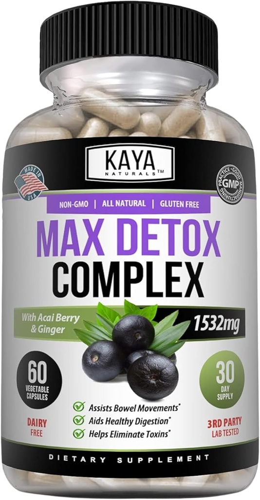 Kaya Naturals Max Detox βοτανικό συμπλήρωμα - φυσικά συστατικά 1532 mg - σκόνη Psyllium, εκχύλισμα Acai Berry, ρίζα Ginger 60 Count