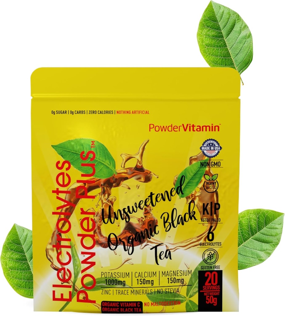 Σκόνη Vitamin Ηλεκτρολυτές σκόνης Plus (20 σερβιέτες) Μη γλυκαντικό Μαύρο Τσάι Ηλεκτρολυτικό σκόνη Keto, SugarΔωρεάν, Pink αλάτι Ιμαλαΐων,1000mgPotassium,150mgCalcium,150mgMagnesium,Σκονή Υδόνησης ΟΧΙ ΣΤΕΒΙΑ