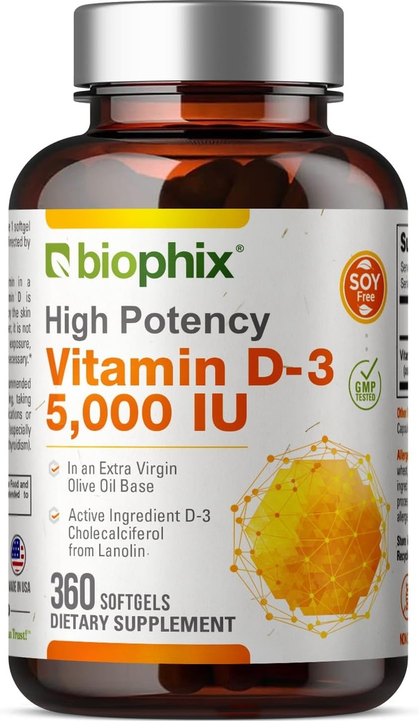 biophix Βιταμίνη D-3 5000 IU 360 Softgels - Υψηλή ισχύς σε Εξαιρετικό Παρθένο Ελαιόλαδο Μη-ΓΤΟ χωρίς σόγια Υποστηρίζει Ισχυρά Οστά Ανοσοποιητική Υγεία