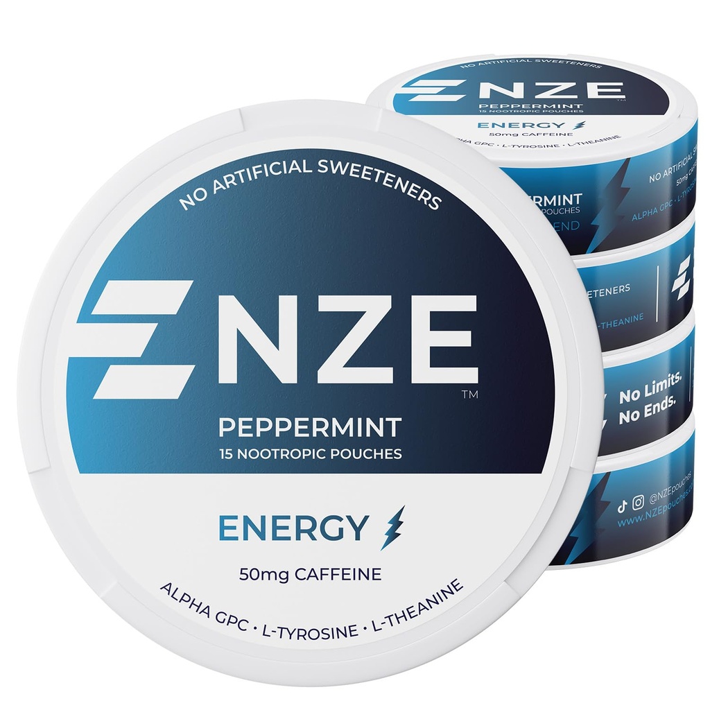 NZE Caffeine Nootropic Pouches (Peppermint) - Ενεργειακά Κουτιά με 50mg Caffeine, Alpha GPC, L-Tyrosine & L-Theanine χωρίς Ζάχαρη ή Τεχνητά γλυκαντικά - 15 Nicotine Free Pouchs Per Can - 5 Pack