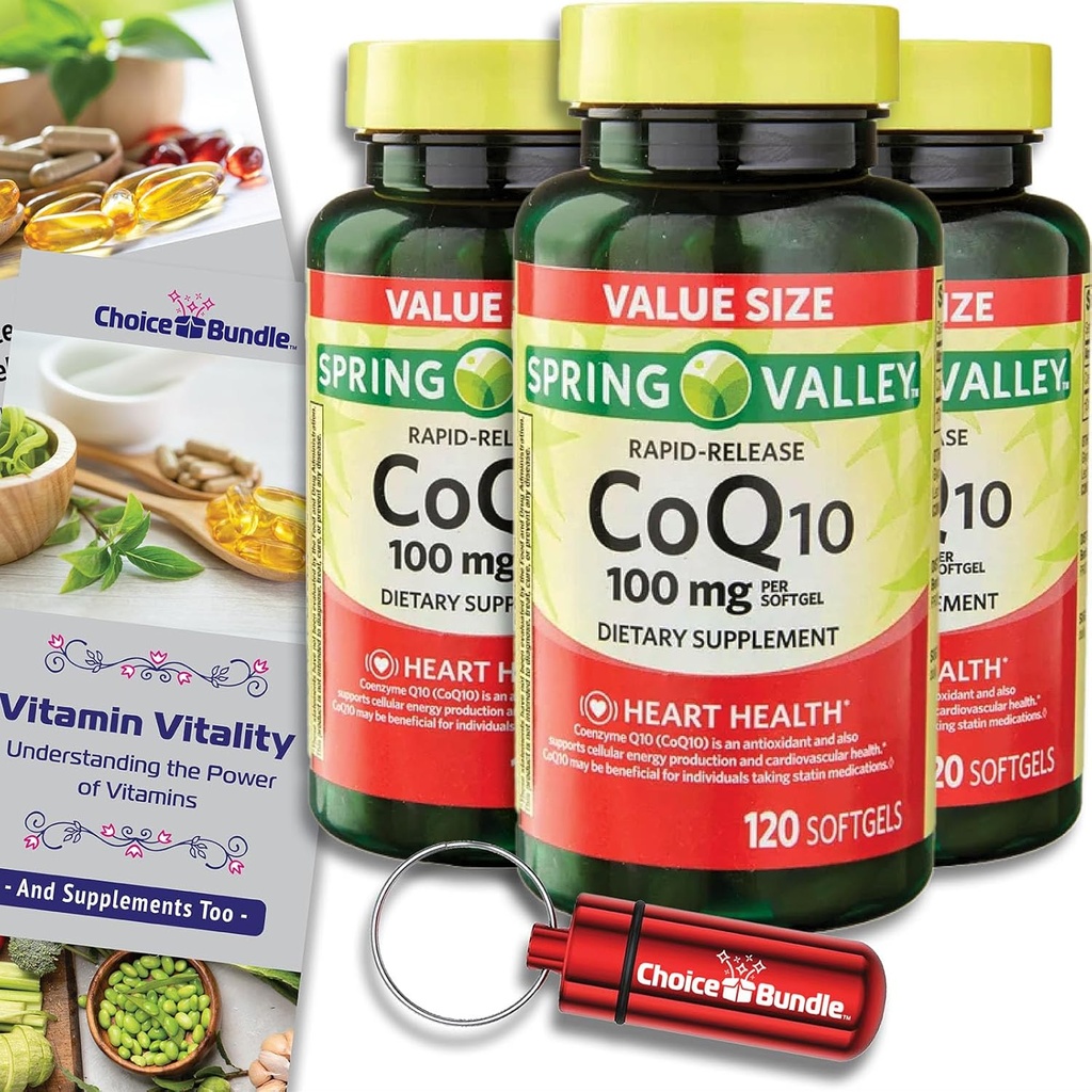 Choice Bundle Spring Valley Rapid-Release CoQ10 Coenzyme Q10 100 mg Softgels 120 CT 3 pk (360 Σύνολο) + Vitamin Guide & Pill Container (5 αντικείμενα)!