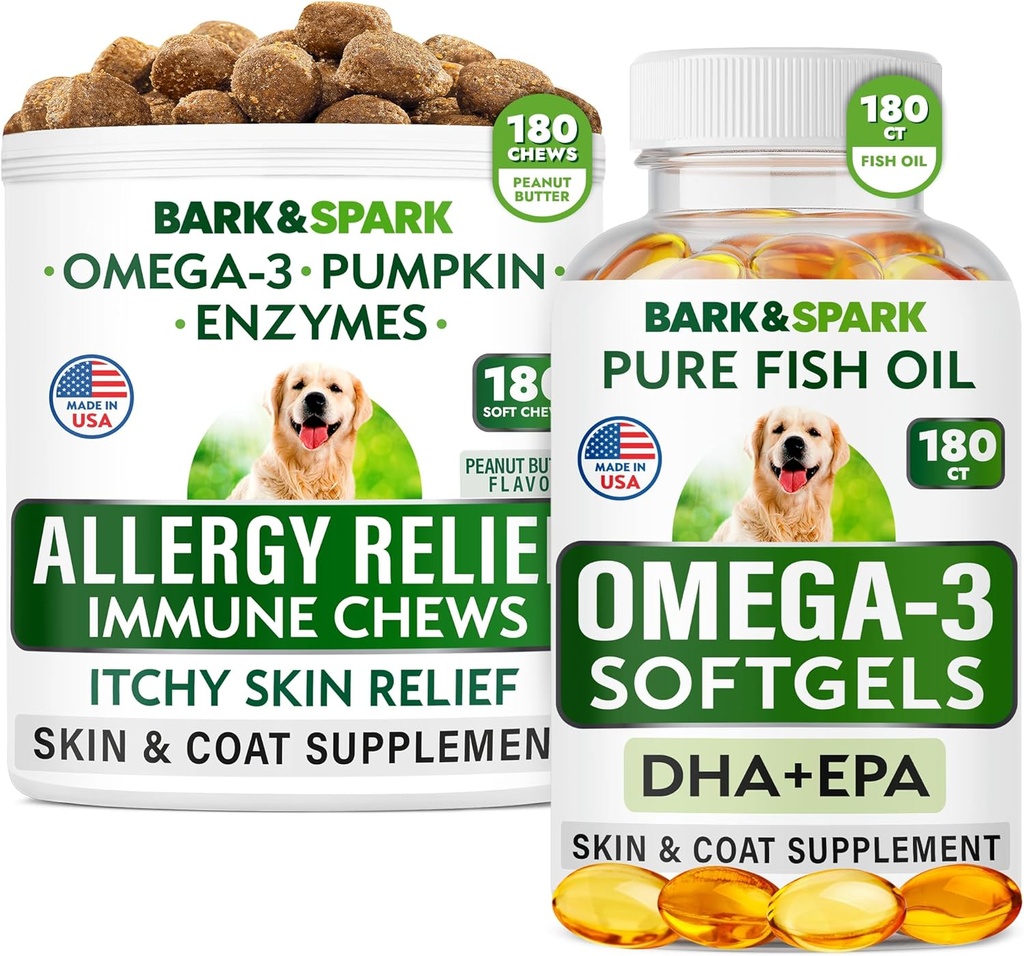 Αλλεργία Ανακούφιση + Ωμέγα 3 Bundle - Anti-Itch Skin&Coat Supplement + Αλλεργία δέρματος - Ωμέγα 3 Fish Oil + EPA& DHA Λιπαρά Οξέα - Iching&Paw Licking + Joint Health - 180 Chews + 180 Softgels - Made in USA