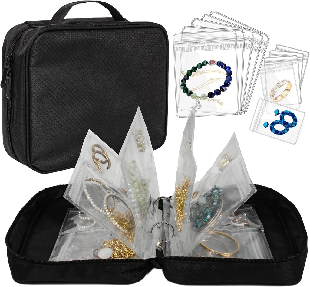 Travel Jewelry Organizer Case Transparent Jewelry Storage Book Binder Bag for Earrings, Rings, Necklace, Bracelet (All-Black)