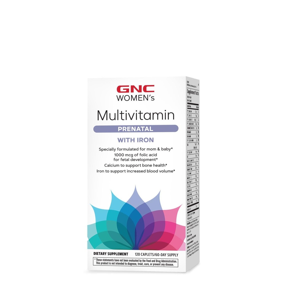 GNC Γυναικεία προγεννητική πολυβιταμίνη Φόρμουλα με σίδηρο, υποστηρίζει την εγκυμοσύνη και υγιή ανάπτυξη του μωρού, Ουσιώδη θρεπτικά συστατικά Φολικό οξύ, ψευδάργυρος, ασβέστιο Plus Β Βιταμίνες, 120 Caplets