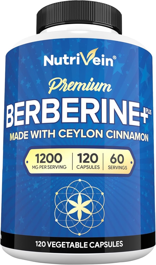 Nutrivein Premium Berberine HCL 1200 mg με Κεϋλάνη Κανέλα - 120 Κάψουλες: Συμπλήρωμα Βερβερίνης υψηλής απορρόφησης για Άμυνες, Διέγερση, & Μεταβολισμός