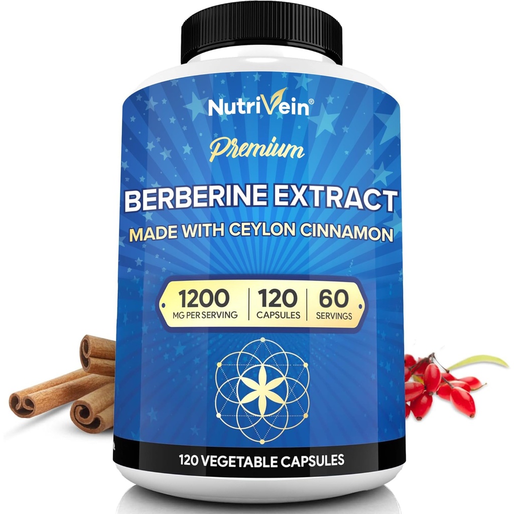 Nutrivein Premium Berberine HCL 1200 mg με Κεϋλάνη Κανέλα - 120 Κάψουλες: Συμπλήρωμα Βερβερίνης υψηλής απορρόφησης για Άμυνες, Διέγερση, & Μεταβολισμός