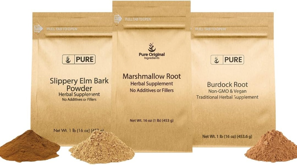 PURE ORIGINAL INGREDIENTS Slippery Elm Bark, Marshmallow Root, και Burdock Root Bundle, 1 lb Κάθε, σκόνη, φυτικά συμπληρώματα