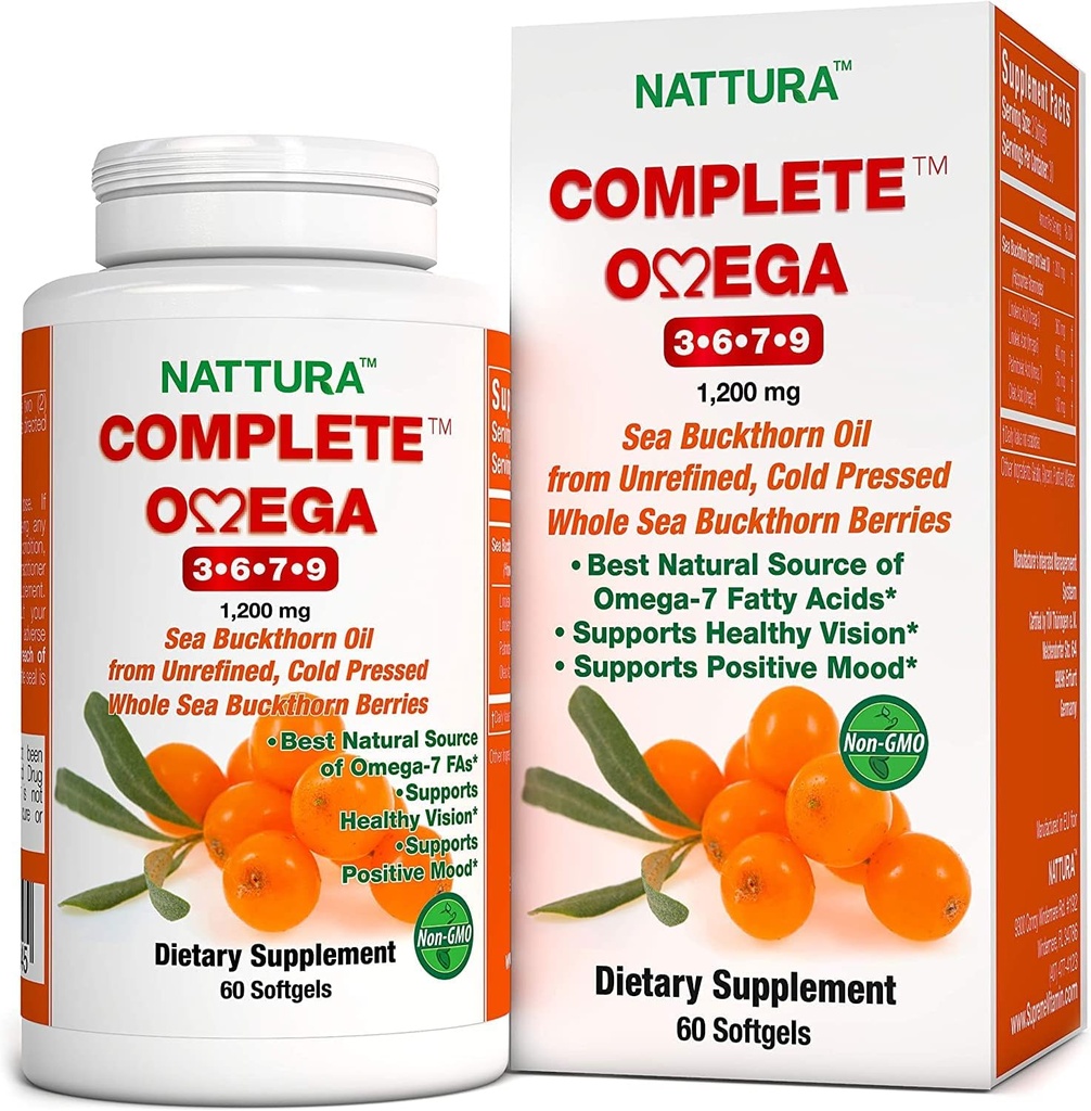 Nattura Complete Omega 3-6-7-9, Pure Sea Buckthorn Oil, European Quality, from Unrefined, Cold Pressed Whole Sea Buckthorn Wild Berries - Μη ΓΤΟ, Certified Kosher, Χωρίς γλουτένη 1 Μπουκάλι - 60 κάψουλες