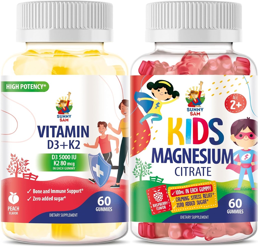 SUNNY SAM Βιταμίνη D3 K2 Gummies 5000 IU & Μαγνήσιο Gummies για τα παιδιά Κιτρικό Chewable συμπλήρωμα για την υποστήριξη Mood & μυών