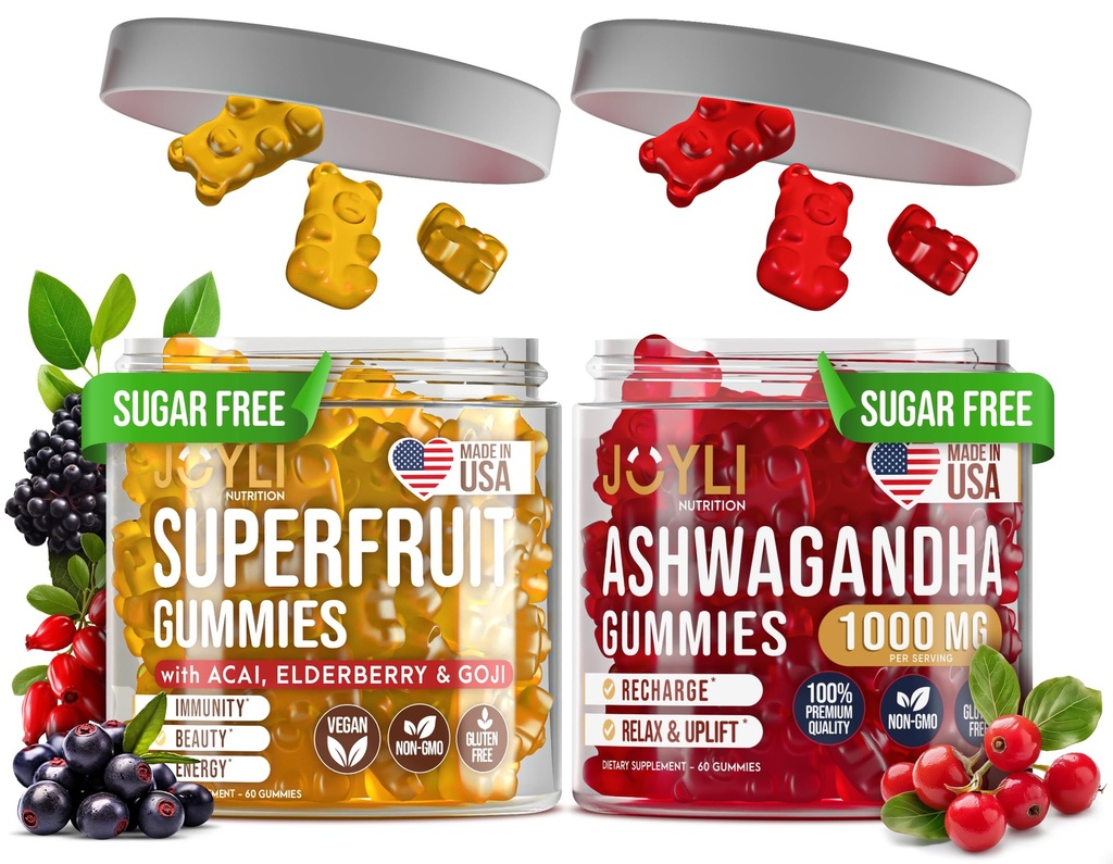 Joyli Ashwagandha & Superfruit Gummies Bundle – Mind & Body Balance + Daily Wellness Support – Vegan Multivitamin Formula με Goji, Elderberry, Vitamin C, D & Zinc – 2 Pack για Ενήλικες