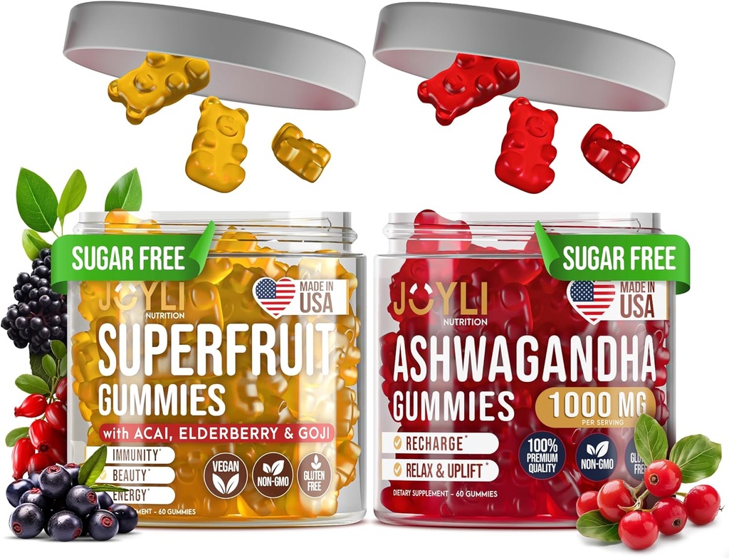 Joyli Ashwagandha & Superfruit Gummies Bundle – Mind & Body Balance + Daily Wellness Support – Vegan Multivitamin Formula με Goji, Elderberry, Vitamin C, D & Zinc – 2 Pack για Ενήλικες