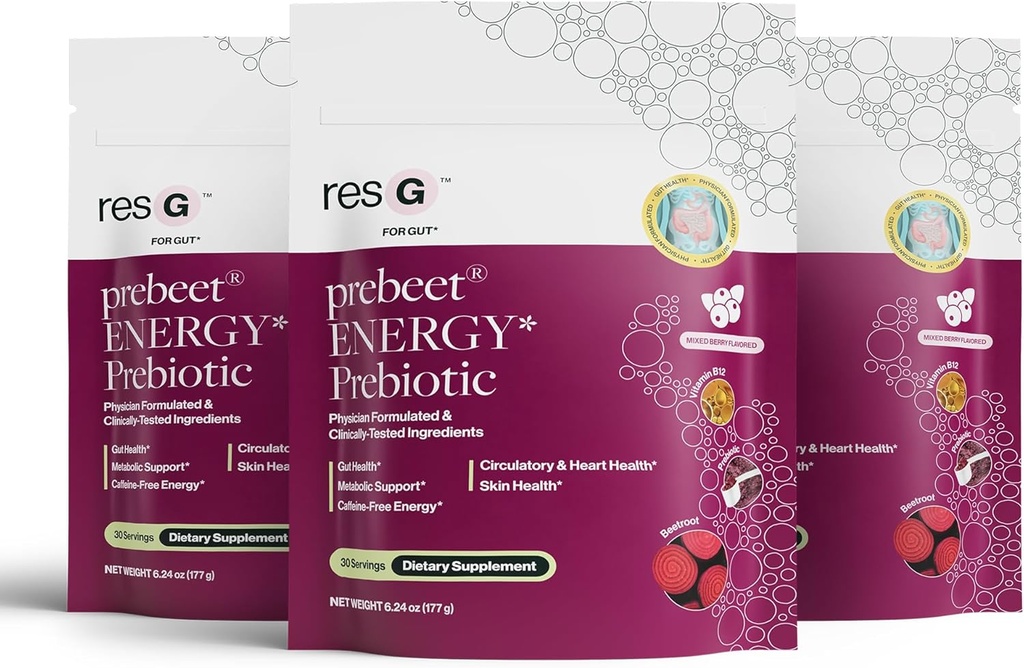ResBiotic resG prebeet - Prebiotics Drink for Digestion, Occasional Constipation, Gas, Bloating with Akkermansia & GLP-1 Υποστήριξη w/Beet Root & Fiber, Gut Health for Women & Men - 560g (90 Services)