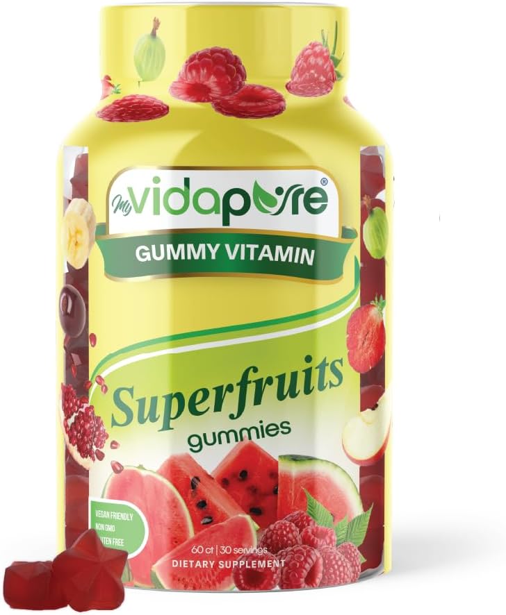 MYVIDAPURE Amazing Superfruits Star Gummies Vitamins A,C,E, Zinc, Acai Berry, Acerola, Goji, Beet Root, Strawberry, Gooseberry. Raspberry Watermelon Flavor. Non-GMO, Gluten Free, Vegan 60 Gummies