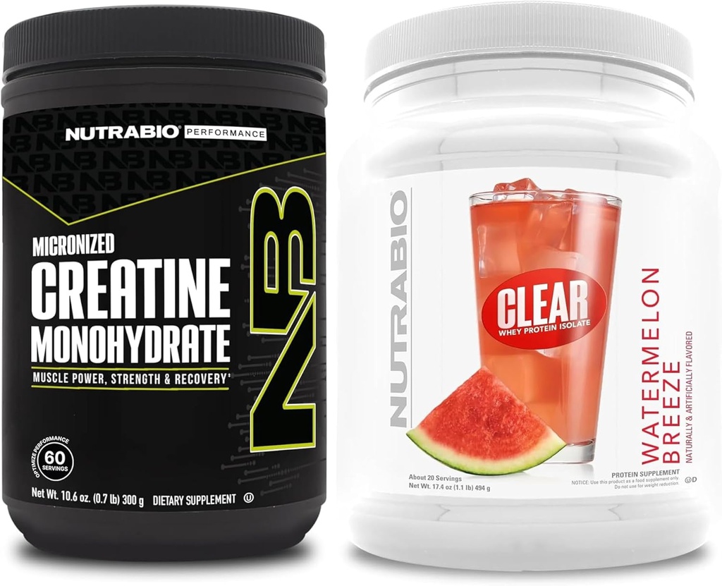 NutraBio Creatine Monohydrate, Unflavored, (300 g) και Clear Whey Protein Isolate, (Watermelon Breeze) συμπλήρωμα Bundle – μυϊκή ενέργεια, μέγιστη ανάπτυξη, ανάκτηση, και δύναμη