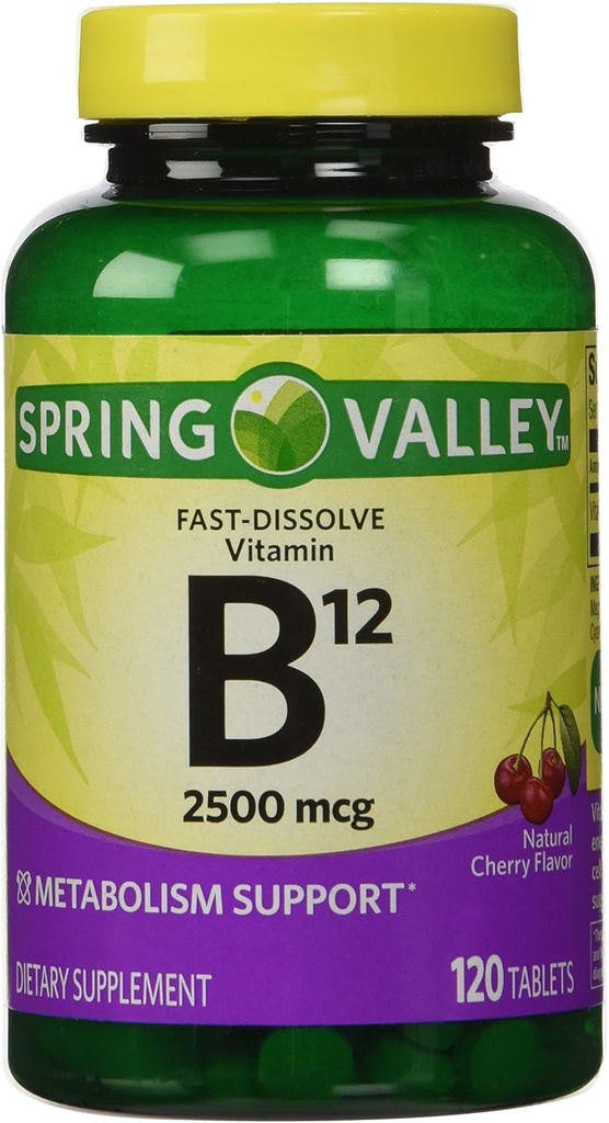 ΜΟΝΟ 1 ΣΤΟ PACK Spring Valley Fast-Dissolve Vitamin B12 2500 McG, Υποστήριξη Μεταβολισμού, 120 δισκία γεύση κεράσι