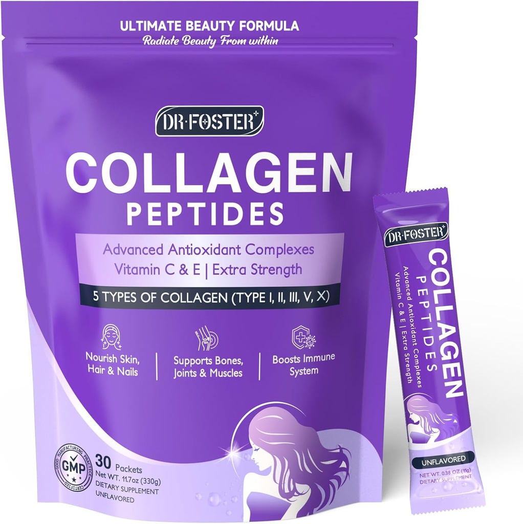 DRFOSTER Collagen-Peptides-Powder-Packets - Multi Type I II III V X Collagen for Women with Antioxidant Blend + Vitamin C & E for Skin, Hair, Nail & Joint, Non-GMO, 30 Stick Packs
