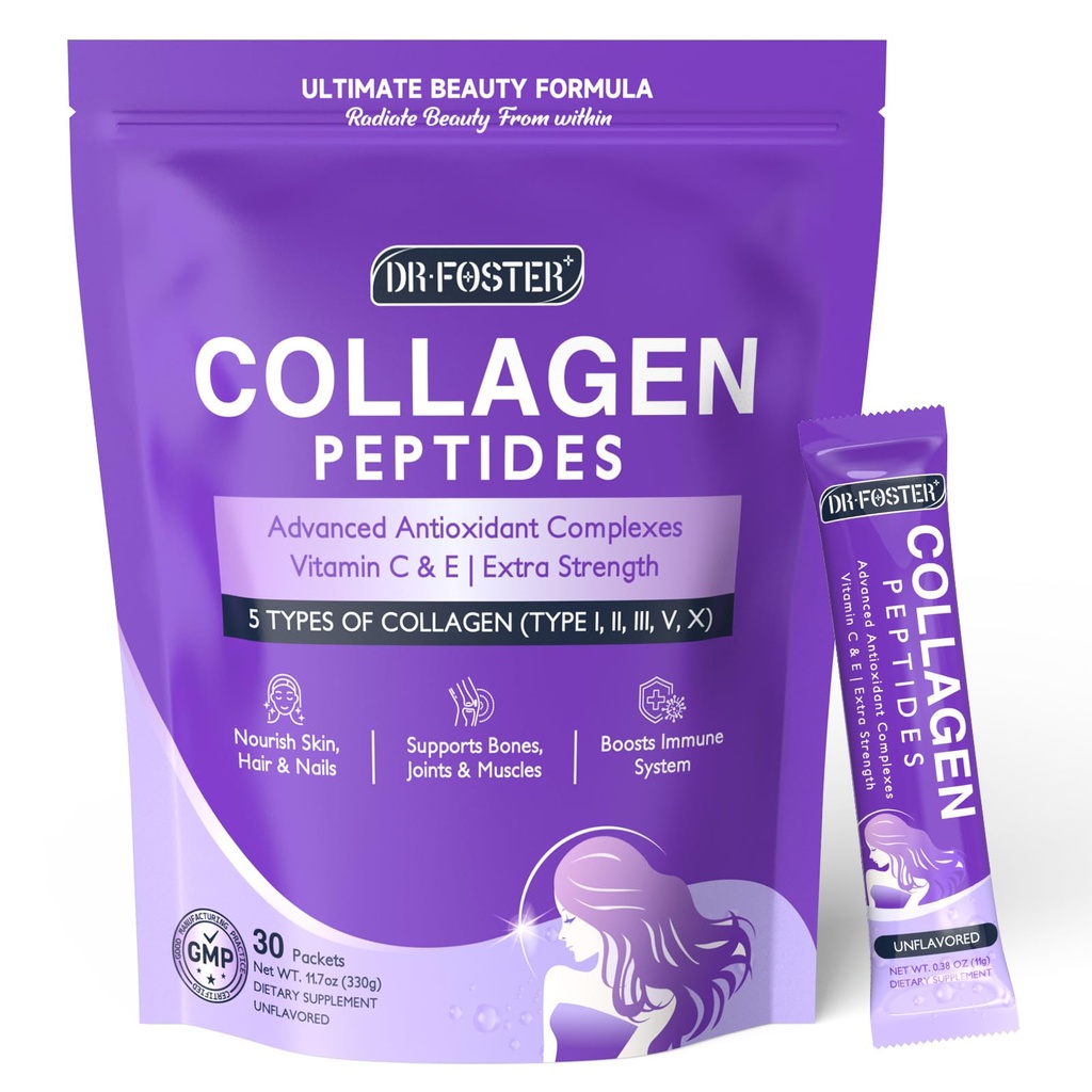 DRFOSTER Collagen-Peptides-Powder-Packets - Multi Type I III V X Collagen for Women with Antioxidant Blend + Vitamin C & E for Skin, Hair, Nail & Joint, Non-GMO, 30 Stick Packs