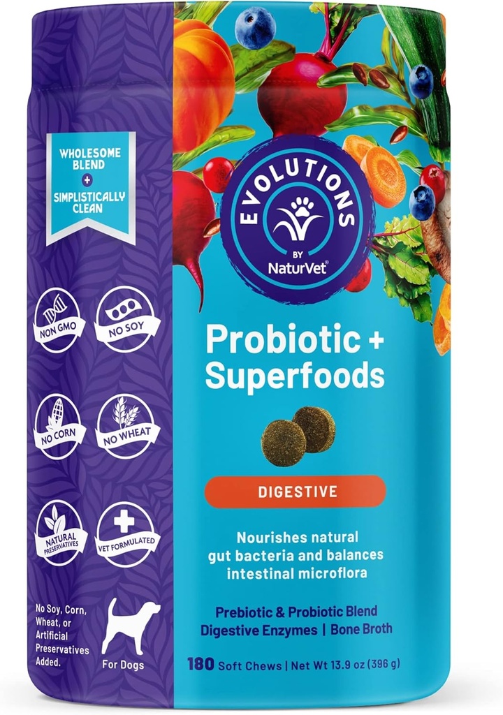 NaturVet Evolutions Probiotic & Superfoods 90ct Μαλακά μάσημα για σκύλους - Prebiotic & Probiotic Blend, Digestive Enzymes, Broth οστών, Omega's - Nourises Natural Gut Victary and Intestinal Microflora