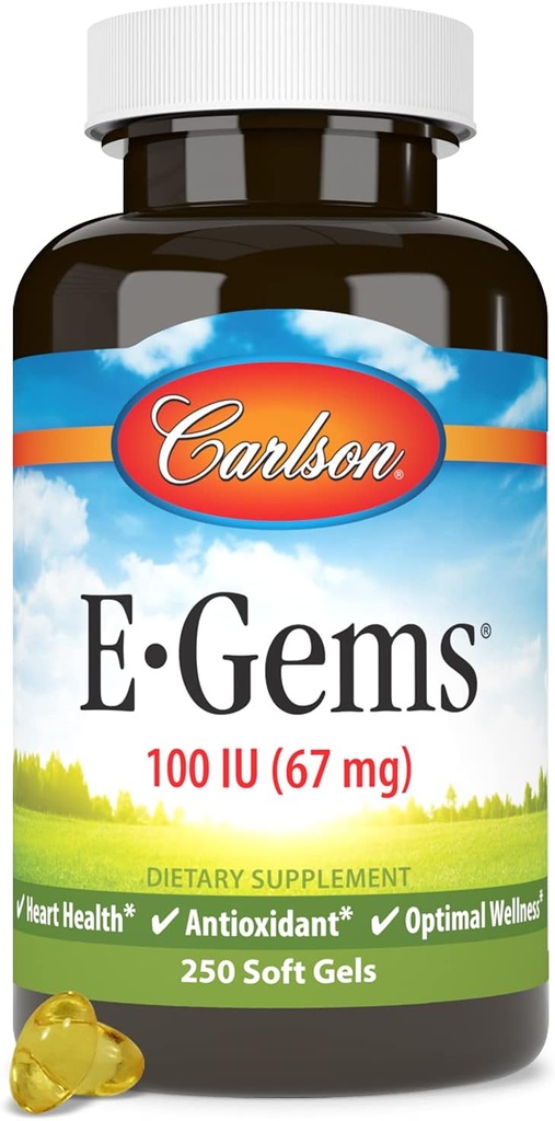Carlson - E-Gems, 100 IU, Heart Health & Optimal Wellness, Antioxidant, 250 soft gels