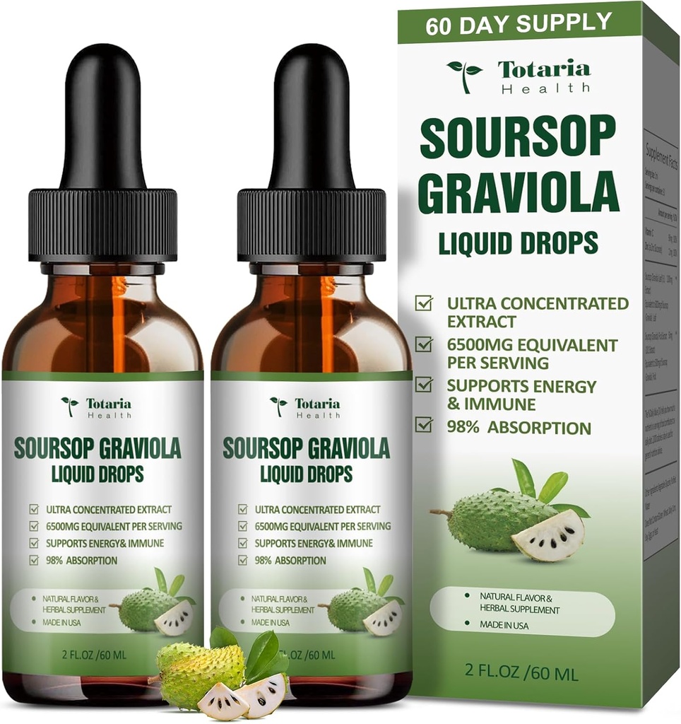 (2 πακέτα) Αμιγής Soursop Graviola Liquid Drop Support Digestive Skin Health, Sleep & Antioxidant - Oil Guanabana Organic Leaf Exact Soursop Bitters Liquid Drops, Natural Flavor, Non-GMO, Vegan, 4 Fl Oz