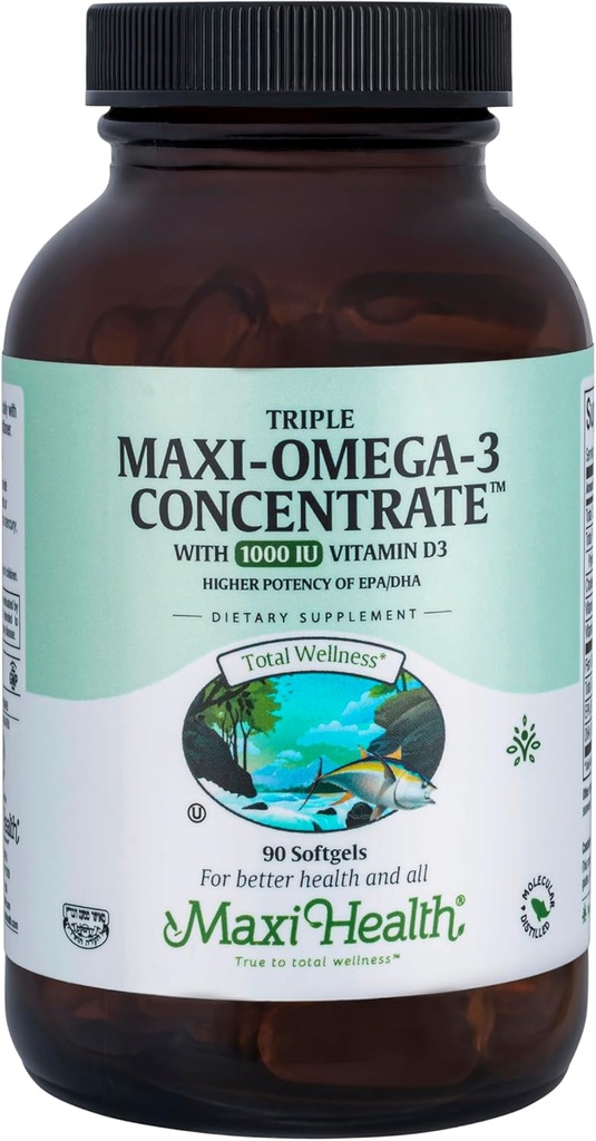 Maxi υγεία τριπλό Omega-3 πυκνό - ιχθυέλαιο -"1000 IU" βιταμίνη D3-90 κάψουλες - Kosher