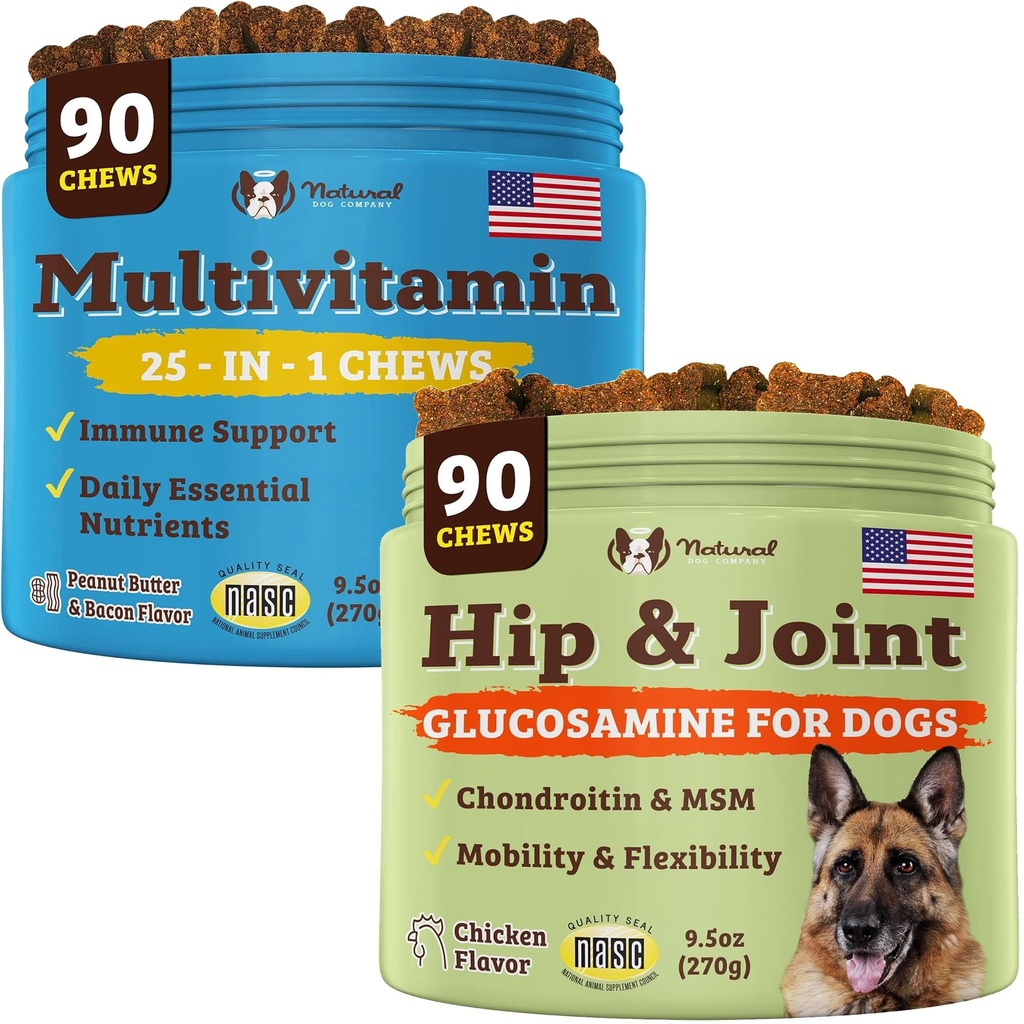 Natural Dog Company Dog Συμπληρώματα για Seniors & Active Dogs - Πολυβιταμίνες Chews & Hip & Joint Relief - Πλήρης Διατροφική Υποστήριξη για Κοινή Υγεία, Βιταμίνες για Σκύλους, Ενέργεια, & Ζωτικότητα