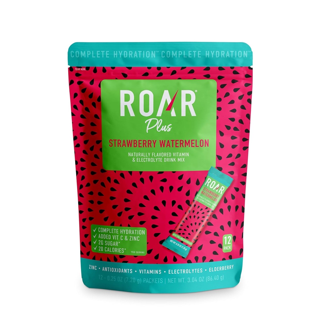 Roar Complete Hydration Powder Plus - Hydration Packets with Zinc and Elderberry - Electrolytes Powder No GMOs, Gluten Free - Tropical Twist - 12 pc