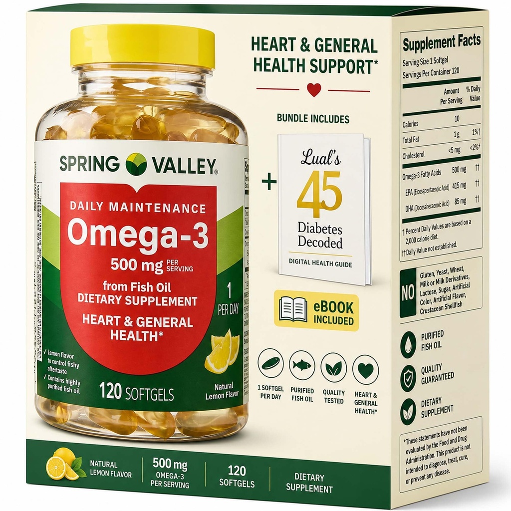 Spring Valley Omega-3 από Fish Oil 500 mg 120 Count, SoftGels, General & Heart Health Dietary Supplement Bundle με τον 45 διαβήτη του Luall Αποκωδικοποιημένο