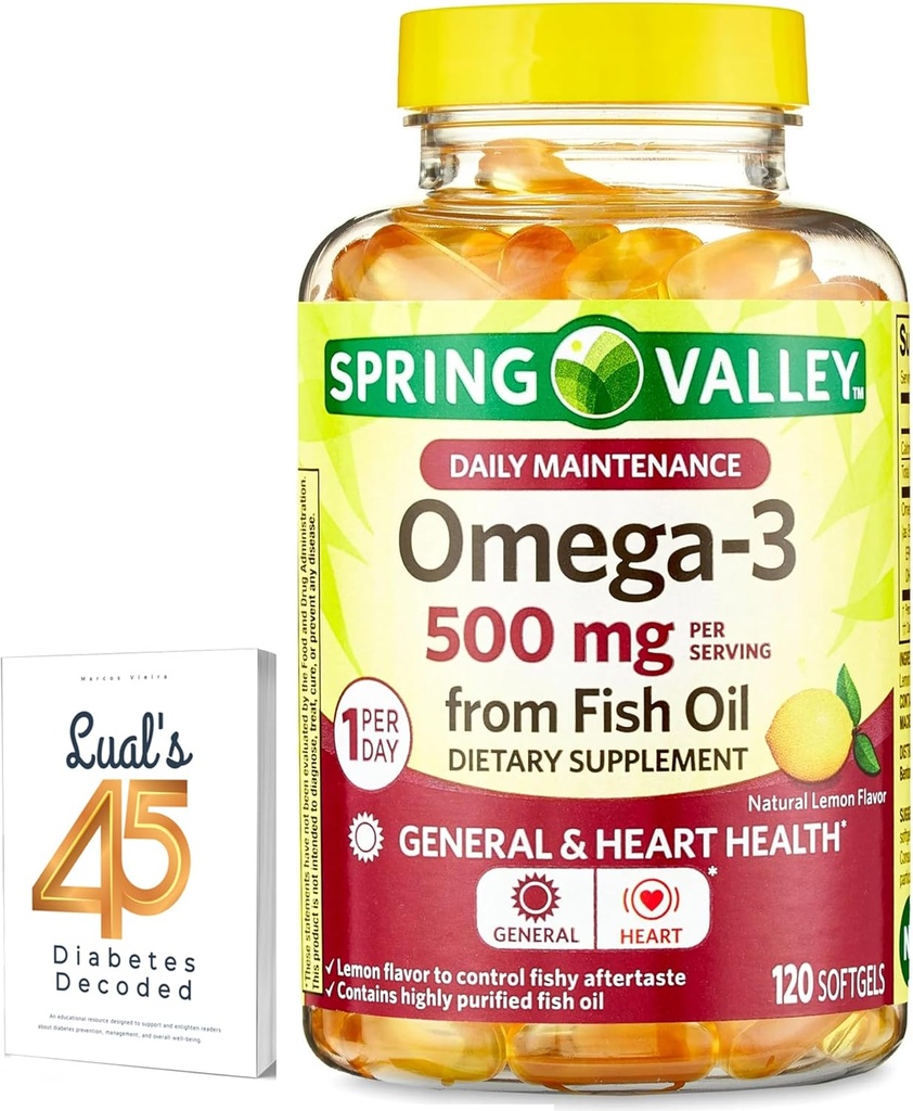 Spring Valley Omega-3 από Fish Oil 500 mg 120 Count, SoftGels, General & Heart Health Dietary Supplement Bundle με τον 45 διαβήτη του Luall Αποκωδικοποιημένο