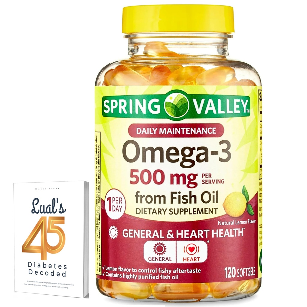 Spring Valley Omega-3 from Fish Oil 500 mg 120 Count, SoftGels, General & Heart Health Dietary Supplement Bundle with Luall's 45 Diabetes Decoded