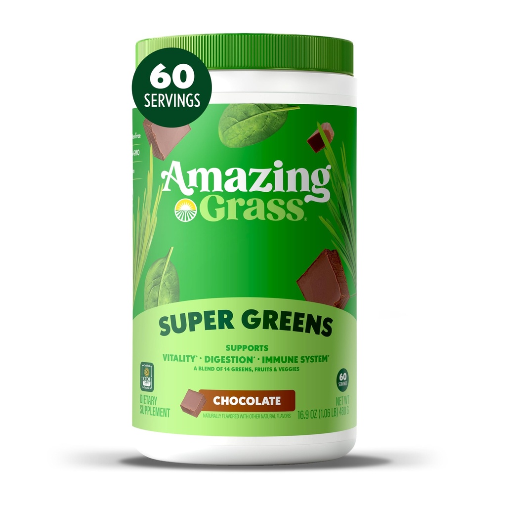 Amazing Grass Greens Superfood Powder: Greens Powder with Digestive Enzymes & Probiotics, Organic Spirulina, Chlorella, and Beet Root Powder, Chocolate, 60 Servies