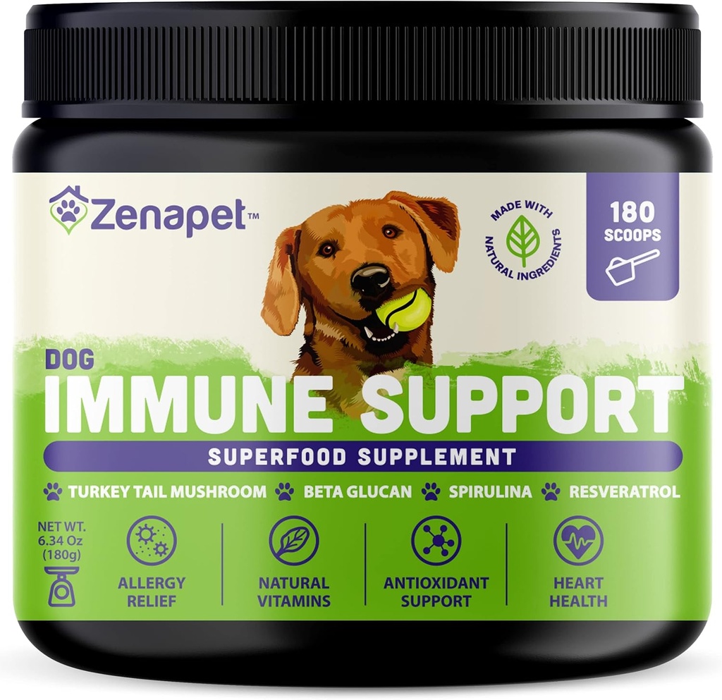 ZENAPET Dog Immune Support Premium Powder Topper, Turkey Tail, Spirulina & Beta-Glucan, Υποστηρίζει ένα υγιές ανοσοποιητικό σύστημα & Digetion, Human-Grade, Made in USA